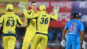India lost Rohit Sharma and Virat Kohli in the first over of their innings against Australia in the 2nd T20I at Guwahati on Tuesday.(AFP) India lost Rohit Sharma and Virat Kohli in the first over of their innings against Australia in the 2nd T20I at Guwahati on Tuesday.(AFP)