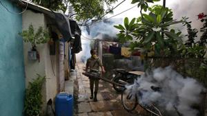 A municipal worker fumigates a slum area to prevent the spread of dengue fever and other mosquito-borne diseases in Mumbai on July 19.(REUTERS/Representative image) A municipal worker fumigates a slum area to prevent the spread of dengue fever and other mosquito-borne diseases in Mumbai on July 19.(REUTERS/Representative image)