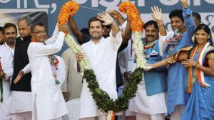Congress vice president Rahul Gandhi at a public meeting at Bodeli in Chhota Udaipur district of Gujarat on Tuesday.(PTI) Congress vice president Rahul Gandhi at a public meeting at Bodeli in Chhota Udaipur district of Gujarat on Tuesday.(PTI)