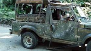An army vehicle that was ambushed on the Pengeri-Digboi road near the Pengeri reserve forest in Assam's Tinsukia district by suspected ULFA (I) and NSCN-K militants in November 2016.(PTI File Photo) An army vehicle that was ambushed on the Pengeri-Digboi road near the Pengeri reserve forest in Assam's Tinsukia district by suspected ULFA (I) and NSCN-K militants in November 2016.(PTI File Photo)