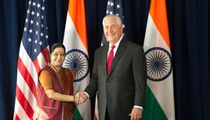 US Secretary of State Rex Tillerson meets with Indian External Affairs Minister Sushma Swaraj at the Lotte New York Palace Hotel on September 22, 2017 in New York.(AFP File Photo) US Secretary of State Rex Tillerson meets with Indian External Affairs Minister Sushma Swaraj at the Lotte New York Palace Hotel on September 22, 2017 in New York.(AFP File Photo)