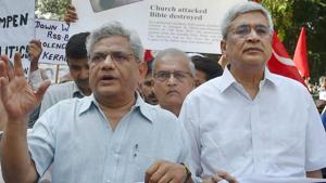 CPI(M) General Secretary Sitaram Yechury with party leader Prakash Karat during a protest at the BJP headquarters over the alleged RSS-BJP violence against its cadres and supporters in Kerala, in New Delhi on October 9, 2017.(PTI) CPI(M) General Secretary Sitaram Yechury with party leader Prakash Karat during a protest at the BJP headquarters over the alleged RSS-BJP violence against its cadres and supporters in Kerala, in New Delhi on October 9, 2017.(PTI)