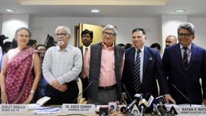 Bibek Debroy, chairman, Economic Advisory Council to the Prime Minister with members Ratan P Watal, Rathin Roy, Surjit Bhalla and Ashima Goyal(PTI Photo) Bibek Debroy, chairman, Economic Advisory Council to the Prime Minister with members Ratan P Watal, Rathin Roy, Surjit Bhalla and Ashima Goyal(PTI Photo)