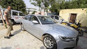 The Audi A6 is which the three men were abducted from Manesar by a gang of seven on Saturday night.(Sanjeev Verma/HT PHOTO) The Audi A6 is which the three men were abducted from Manesar by a gang of seven on Saturday night.(Sanjeev Verma/HT PHOTO)