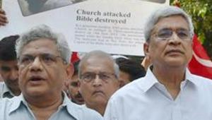 New Delhi: CPI(M) General Secretary Sitaram Yechury with party leaders Prakash Karat, Brinda Karat and others during a protest at the BJP headquarters over the alleged RSS-BJP violence against its cadres and supporters in Kerala(PTI) New Delhi: CPI(M) General Secretary Sitaram Yechury with party leaders Prakash Karat, Brinda Karat and others during a protest at the BJP headquarters over the alleged RSS-BJP violence against its cadres and supporters in Kerala(PTI)