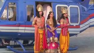 Artistes dressed as Ram,Sita and Lakshman arrive by helicopter for the UP government’s Diwali celebrations. (ANI Twitter) Artistes dressed as Ram,Sita and Lakshman arrive by helicopter for the UP government’s Diwali celebrations. (ANI Twitter)