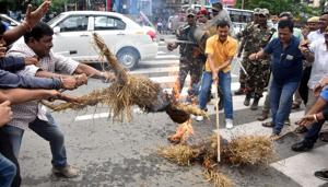 Congress workers burn effigies of Assam chief minister Sarbananda Sonowal and Lok Sabha MP Kamakhya Prasad Tassa in Guwahati on Sunday in protest against Tassa’s alleged speech. (Rajib Jyoti Sarma / HT Photo) Congress workers burn effigies of Assam chief minister Sarbananda Sonowal and Lok Sabha MP Kamakhya Prasad Tassa in Guwahati on Sunday in protest against Tassa’s alleged speech. (Rajib Jyoti Sarma / HT Photo)