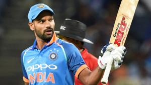 Shikhar Dhawan celebrates his half century during the second India vs New Zealand ODI cricket match in Pune.(PTI) Shikhar Dhawan celebrates his half century during the second India vs New Zealand ODI cricket match in Pune.(PTI)