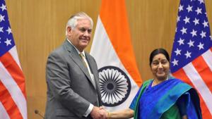 Minister for external affairs Sushma Swaraj and US Secretary of State Rex Tillerson shake hands after their joint press conference in New Delhi on Wednesday.(PTI Photo) Minister for external affairs Sushma Swaraj and US Secretary of State Rex Tillerson shake hands after their joint press conference in New Delhi on Wednesday.(PTI Photo)