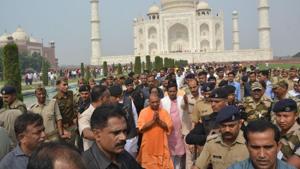 Uttar Pradesh chief minister Yogi Adityanath during his visit to the Taj Mahal in Agra on Thursday. (Raju Tomar / HT Photo) Uttar Pradesh chief minister Yogi Adityanath during his visit to the Taj Mahal in Agra on Thursday. (Raju Tomar / HT Photo)