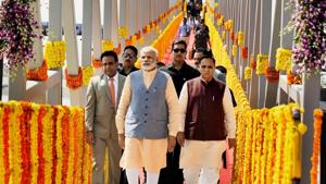 Prime Minister Narendra Modi with Gujarat chief minister Vijay Rupani at Ghogha Sea Ferry point to mark the inauguration of Ghogha-Dahej Ro-Ro ferry service, in Ghogha, Bhavnagar, on October 22, 2017.(PTI Photo) Prime Minister Narendra Modi with Gujarat chief minister Vijay Rupani at Ghogha Sea Ferry point to mark the inauguration of Ghogha-Dahej Ro-Ro ferry service, in Ghogha, Bhavnagar, on October 22, 2017.(PTI Photo)