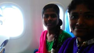P Saranya (left) and HYamuna take a selfie inside a flight. P Saranya (left) and HYamuna take a selfie inside a flight.