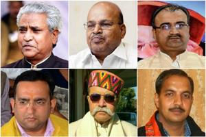 Clockwise from top left: Ram Lal, Thaawar Chand Gehlot, Mangal Pandey, Trilok Jamwal, Praveen Sharma and Pavan Rana.(HT Photos) Clockwise from top left: Ram Lal, Thaawar Chand Gehlot, Mangal Pandey, Trilok Jamwal, Praveen Sharma and Pavan Rana.(HT Photos)