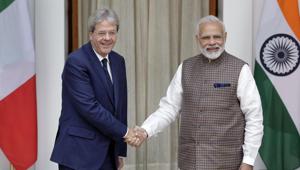 Prime Minister Narendra Modi shakes hand with his Italian counterpart Paolo Gentiloni before their meeting in New Delhi on October 30.(AP Photo) Prime Minister Narendra Modi shakes hand with his Italian counterpart Paolo Gentiloni before their meeting in New Delhi on October 30.(AP Photo)
