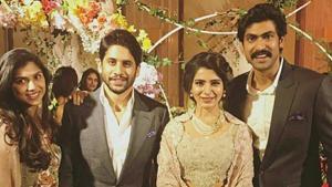 Samantha Akkineni with Malavika Daggubati, Naga Chaitanya and Rana Daggubati at her wedding reception. Samantha Akkineni with Malavika Daggubati, Naga Chaitanya and Rana Daggubati at her wedding reception.