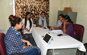 Officials at the mansanwasd, a toll-free helpline office at the psychiatric centre in Jaipur.(HT Photo.) Officials at the mansanwasd, a toll-free helpline office at the psychiatric centre in Jaipur.(HT Photo.)