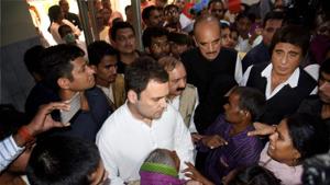 Congress vice-president Rahul Gandhi meets with the family members of victims of Unchahar NTPC boiler blast in Rae Bareli on Thursday.(PTI) Congress vice-president Rahul Gandhi meets with the family members of victims of Unchahar NTPC boiler blast in Rae Bareli on Thursday.(PTI)