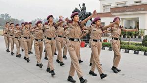 Cadets during a drill at Mai Bhago Armed Forces Preparatory Institute for Girls, Sector 66, in Mohali.(Karun Sharma/HT) Cadets during a drill at Mai Bhago Armed Forces Preparatory Institute for Girls, Sector 66, in Mohali.(Karun Sharma/HT)