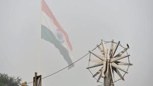 A view of the steel ''Charkha'', installed at Rajiv Chowk, enveloped by heavy smog in New Delhi on Wednesday.(PTI) A view of the steel ''Charkha'', installed at Rajiv Chowk, enveloped by heavy smog in New Delhi on Wednesday.(PTI)
