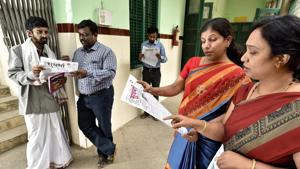 In the corridors of Karnataka Samskrit University, Bengaluru, the Sudharma, a Sanskrit daily, is a common sight.(Arijit Sen/HT Photo) In the corridors of Karnataka Samskrit University, Bengaluru, the Sudharma, a Sanskrit daily, is a common sight.(Arijit Sen/HT Photo)