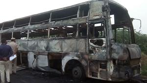 Charred remains of a Rajasthan State Road Transport Corporation bus that caught fire on way to Barmer from Jaipur on Sunday morning killing a 25-year-old woman and her two-year-old daughter.(HT Photo) Charred remains of a Rajasthan State Road Transport Corporation bus that caught fire on way to Barmer from Jaipur on Sunday morning killing a 25-year-old woman and her two-year-old daughter.(HT Photo)