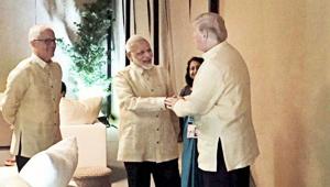 Prime Minister Narendra Modi shakes hands with US President Donald Trump during a meeting in Manila on Sunday.(PTI Photo) Prime Minister Narendra Modi shakes hands with US President Donald Trump during a meeting in Manila on Sunday.(PTI Photo)