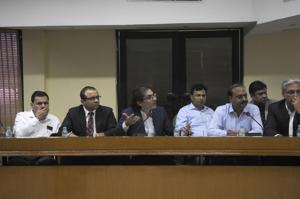 RERA officials held a meeting with the authority officials and builders in Sector 6 on Tuesday.(Sunil Ghosh/HT Photo) RERA officials held a meeting with the authority officials and builders in Sector 6 on Tuesday.(Sunil Ghosh/HT Photo)
