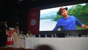 The Namami Barak theme song being screened at its official launch in Silchar on Monday.(HT Photo) The Namami Barak theme song being screened at its official launch in Silchar on Monday.(HT Photo)