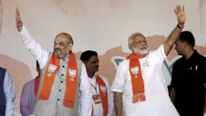 Prime Minister Narendra Modi with BJP president Amit Shah during the ‘Gujarat Gaurav Mahasammelan’ in Ahmedabad on Monday.(PTI Photo) Prime Minister Narendra Modi with BJP president Amit Shah during the ‘Gujarat Gaurav Mahasammelan’ in Ahmedabad on Monday.(PTI Photo)