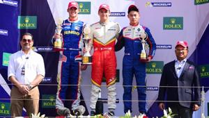 Julien Falchero (in red) after winning a race at the MRF Challenge 2017 at the Bahrain International Circuit in Sakhir on Saturday.(MRF) Julien Falchero (in red) after winning a race at the MRF Challenge 2017 at the Bahrain International Circuit in Sakhir on Saturday.(MRF)