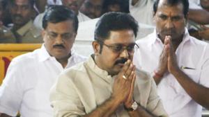 Sidelined AIADMK leader TTV Dinakaran (foreground) at Jayalalithaa’s memorial at Marina Beach in Chennai. Dinakaran is under increasing pressure following a series of Income Tax raids on properties linked to his family and friends.(PTI file ohoto) Sidelined AIADMK leader TTV Dinakaran (foreground) at Jayalalithaa’s memorial at Marina Beach in Chennai. Dinakaran is under increasing pressure following a series of Income Tax raids on properties linked to his family and friends.(PTI file ohoto)