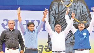 Hardik Patel (2nd from left) and Ketan Patel (right) with other Patidar leaders at a protest seeking reservation for the Patidar community.(File) Hardik Patel (2nd from left) and Ketan Patel (right) with other Patidar leaders at a protest seeking reservation for the Patidar community.(File)