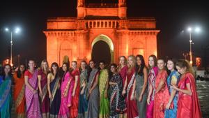 The players participating in the Mumbai Open WTA tennis tournament pose in front of the Gateway of India during a promotional event on Monday.(Pratik Chorge/ HT Photo) The players participating in the Mumbai Open WTA tennis tournament pose in front of the Gateway of India during a promotional event on Monday.(Pratik Chorge/ HT Photo)