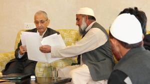 Centre's special representative for Kashmir, Dineshwar Sharma, in a meeting with delegations in Jammu in October 2017.(PTI Photo) Centre's special representative for Kashmir, Dineshwar Sharma, in a meeting with delegations in Jammu in October 2017.(PTI Photo)