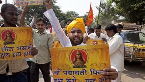 Members of the Rajput community shout slogans as they protest against the release of the film Padmavati(AP) Members of the Rajput community shout slogans as they protest against the release of the film Padmavati(AP)