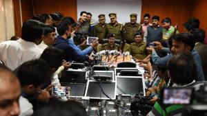 Police seized 40 CPUs, 25 desktops, 28 intercoms, one laptop, six UPS and four routers on Wednesday.(Virendra Singh Gosain/HT Photo) Police seized 40 CPUs, 25 desktops, 28 intercoms, one laptop, six UPS and four routers on Wednesday.(Virendra Singh Gosain/HT Photo)