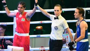 India's Sakshi (L) is declared the winner against Ivy-Jane Smith of England following the final bout of the bantam weight (54kg) category at the AIBA Women's World Youth Boxing Championships in Guwahati on Sunday.(AFP)