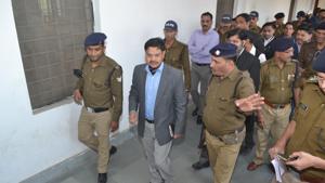 Garhwal range DIG Pushpak Jyoti during an inspection after gansgter Devpal Rana was attacked by armed assailants on the premises of a Roorkee court on November 20.(HT Photo) Garhwal range DIG Pushpak Jyoti during an inspection after gansgter Devpal Rana was attacked by armed assailants on the premises of a Roorkee court on November 20.(HT Photo)