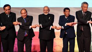 Prime Minister Narendra Modi with Thailand's Prime Minister Prayut Chan-O-Cha, Vietnam's Prime Minister Nguyen Xuan Phuc, India's , Philippine President Rodrigo Duterte and Singapore's Prime Minister Lee Hsien Loong posing for a photo during the 15th ASEAN-India Summit.(AFP) Prime Minister Narendra Modi with Thailand's Prime Minister Prayut Chan-O-Cha, Vietnam's Prime Minister Nguyen Xuan Phuc, India's , Philippine President Rodrigo Duterte and Singapore's Prime Minister Lee Hsien Loong posing for a photo during the 15th ASEAN-India Summit.(AFP)