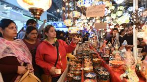 People shop at the Turkey pavilion at the International Trade Fair at Pragati Maidan in New Delhi on Monday.(Sushil Kumar/HT PHOTO) People shop at the Turkey pavilion at the International Trade Fair at Pragati Maidan in New Delhi on Monday.(Sushil Kumar/HT PHOTO)