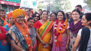 Gujarat chief minister’s wife Anjali Rupani (in pink) carries out canvassing in BJP leader’s Rajkot West constituency.(HT Photo) Gujarat chief minister’s wife Anjali Rupani (in pink) carries out canvassing in BJP leader’s Rajkot West constituency.(HT Photo)