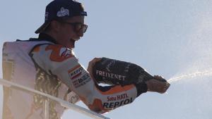 Marc Marquez of Repsol Honda celebrates his 2017 MotoGP title victory on the podium of the Valencia Grand Prix at the Ricardo Tormo Circuit on November 12.(Getty Images) Marc Marquez of Repsol Honda celebrates his 2017 MotoGP title victory on the podium of the Valencia Grand Prix at the Ricardo Tormo Circuit on November 12.(Getty Images)
