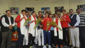 Haryana agriculture minister OP Dhankar welcoming boxers at the sports authority of India (SAI) boxing academy at Rohtak’s Rajiv Gandhi Sports Stadium.(HT Photo) Haryana agriculture minister OP Dhankar welcoming boxers at the sports authority of India (SAI) boxing academy at Rohtak’s Rajiv Gandhi Sports Stadium.(HT Photo)