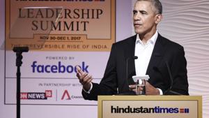 Former US president Barack Obama addresses the Hindustan Times Leadership Summit in New Delhi on Friday.(Burhaan Kinu / HT) Former US president Barack Obama addresses the Hindustan Times Leadership Summit in New Delhi on Friday.(Burhaan Kinu / HT)