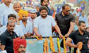 PAAS convener Hardik Patel during a road show in Bhavnagar.(PTI File Photo) PAAS convener Hardik Patel during a road show in Bhavnagar.(PTI File Photo)