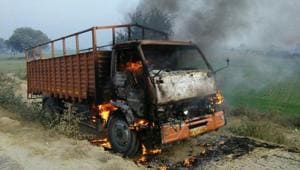 Irate residents blocked traffic for over an hour on the Pushta Road on Wednesday morning and set a canter ablaze. Irate residents blocked traffic for over an hour on the Pushta Road on Wednesday morning and set a canter ablaze.
