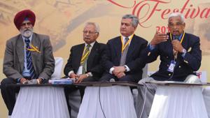 From left: Lt Gen Aditya Singh, Commodore (Retd) Ranjit B Rai, vice-admiral Satish Soni , and Brigadier RJS Dhillon during a panel discussion on the ‘Shape and Contours of the Indian Navy of the Future’ at the Military Literature Festival in Chandigarh on Friday.(Anil Dayal/HT) From left: Lt Gen Aditya Singh, Commodore (Retd) Ranjit B Rai, vice-admiral Satish Soni , and Brigadier RJS Dhillon during a panel discussion on the ‘Shape and Contours of the Indian Navy of the Future’ at the Military Literature Festival in Chandigarh on Friday.(Anil Dayal/HT)