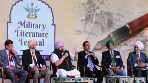 (From right) Lt Gen A Mukherjee, Brig MS Gill, Punjab chief minister Capt Amarinder Singh, The Tribune editor-in-chief Harish Khare, Brig IS Gakhal and Maj Gen Shivdev Singh at the Military Literature Festival 2017 at Lake Club in Chandigarh on Friday.(Anil Dayal/HT) (From right) Lt Gen A Mukherjee, Brig MS Gill, Punjab chief minister Capt Amarinder Singh, The Tribune editor-in-chief Harish Khare, Brig IS Gakhal and Maj Gen Shivdev Singh at the Military Literature Festival 2017 at Lake Club in Chandigarh on Friday.(Anil Dayal/HT)