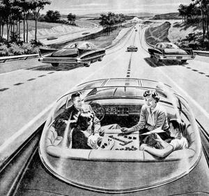 An illustration from 1957 of a family of four playing a board game, while their futuristic electric car automatically drives itself.(Getty Images) An illustration from 1957 of a family of four playing a board game, while their futuristic electric car automatically drives itself.(Getty Images)