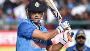 MS Dhoni plays a shot during the first India vs Sri Lanka ODI encounter in Dharamsala on Sunday.(PTI) MS Dhoni plays a shot during the first India vs Sri Lanka ODI encounter in Dharamsala on Sunday.(PTI)